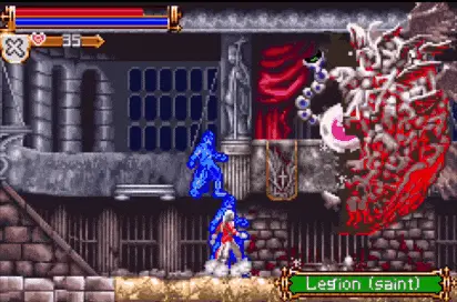 Juste performing a divekick plus cross combo against Legion (Saint)'s core.